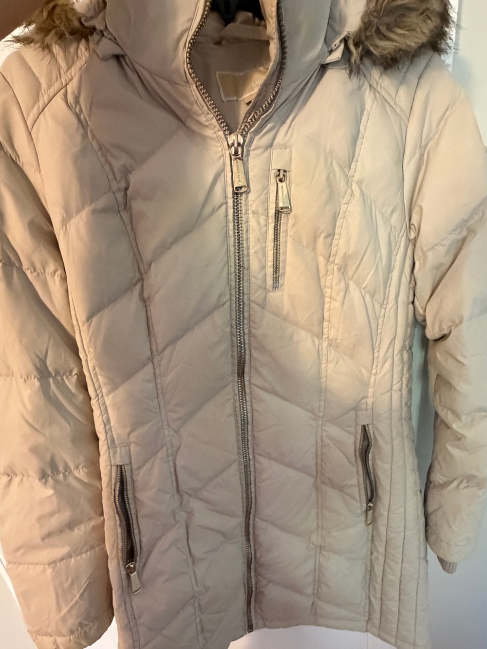 Michael Kors Cream Quilted Zip-Front Puffer Coat
